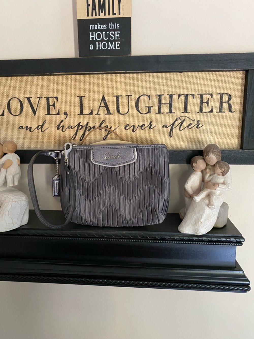 Coach Gray Leather Ruffle Wristlet with Strap